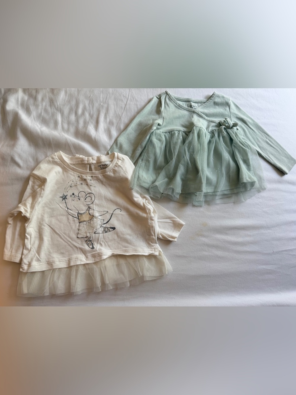 Carter's Mint Green Sparkling Long-Sleeve Tulle Top & Cream Mouse Tulle Hem Tee